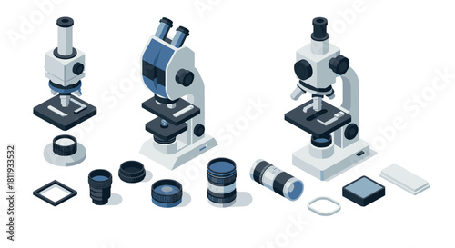 Isometric microscopes and lenses collection for laboratory and scientific research