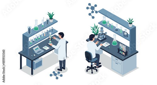 Isometric laboratory scene with scientists and equipment in a modern research facility
