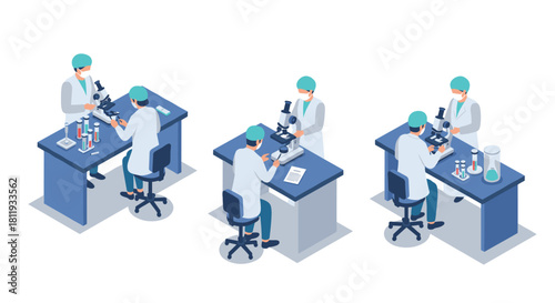 Scientists in laboratory conducting research with microscopes in isometric style
