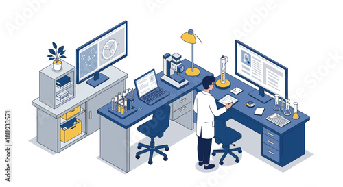 Modern laboratory workspace with scientist in isometric design