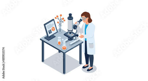Isometric lab scientist analyzing samples with microscope and data screen