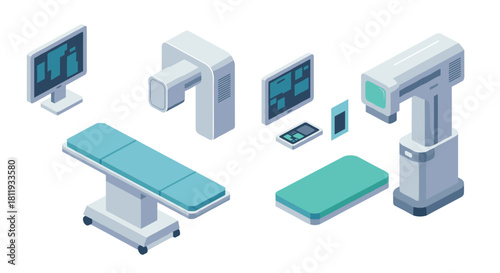 Isometric medical equipment set with monitors and devices