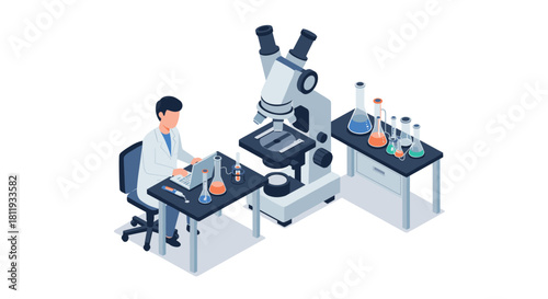 Isometric laboratory scene featuring scientist with microscope and test tubes