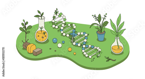 Isometric dna model with plants and laboratory equipment on green background