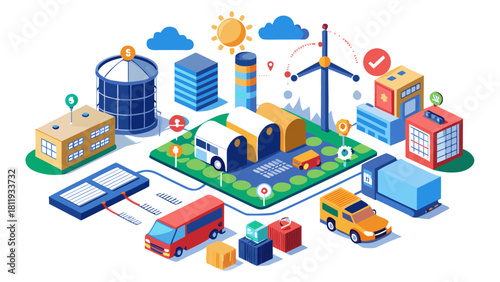 Isometric illustration of a smart city infrastructure with renewable energy sources