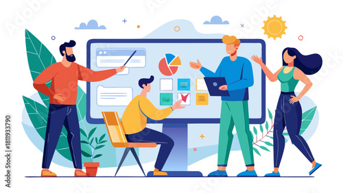 Team collaborating on a digital presentation with charts and data