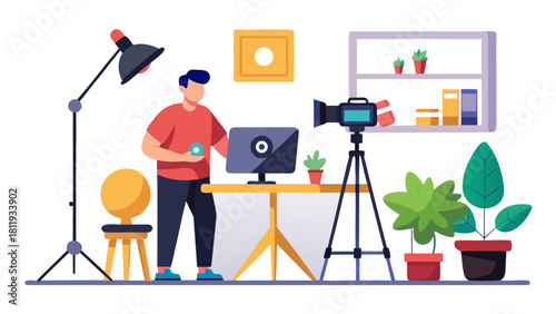 Man filming content with camera and lighting setup