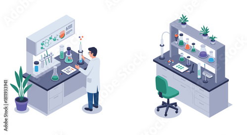 Isometric scientist in modern laboratory with equipment and plants