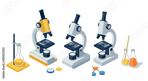 Colorful 3d isometric microscopes and lab equipment for scientific research