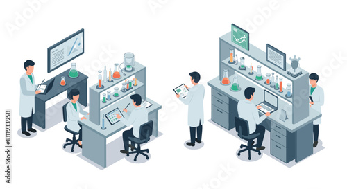 Isometric laboratory scene with scientists conducting research in modern chemistry lab