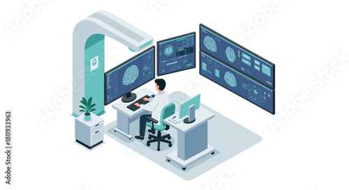 Doctor analyzing brain scans in modern medical control room with advanced technology