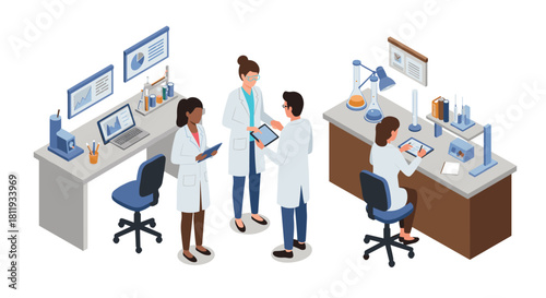 Scientists in laboratory collaborating on research with digital technology in isometric style