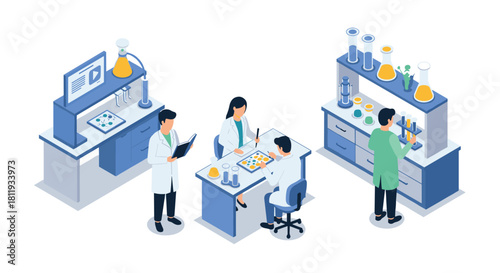 Isometric laboratory scene with scientists conducting experiments and analyzing data