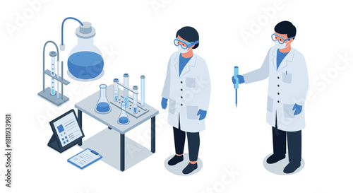 Scientists in laboratory with equipment and glassware in isometric flat design