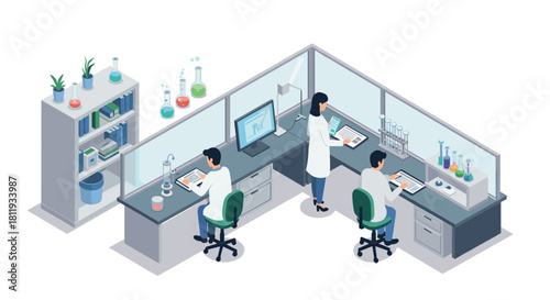 Isometric modern laboratory workspace with scientists conducting research