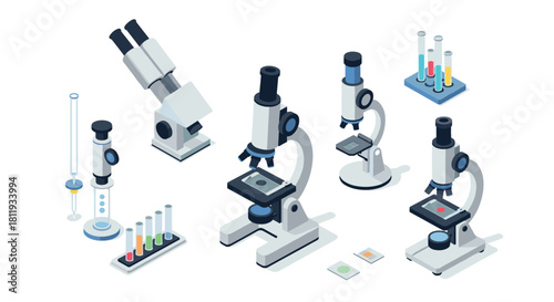 Isometric laboratory equipment featuring microscopes and test tubes