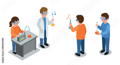Isometric science experiment scene with diverse characters in a lab setting