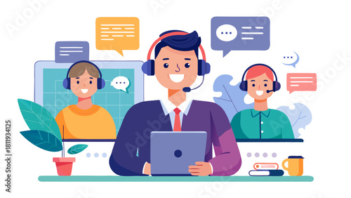 Customer service team with laptops and headsets