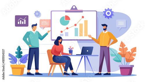 Business team presenting data and charts in a modern office setting