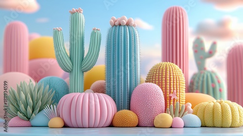 Whimsical Pastel Cactus Landscape 3D Rendered Scene with Soft Lighting