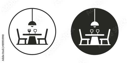 Dining room icon with table, two chairs, and wine glasses under a hanging lamp, signifying restaurant, romantic dinner, or reservation.