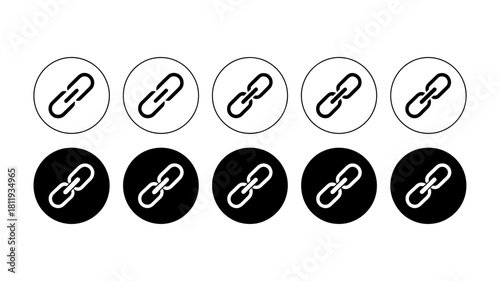 Collection of ten stylized chain link icons in black and white, representing connectivity, hyperlinks, web addresses, and digital connection symbol.