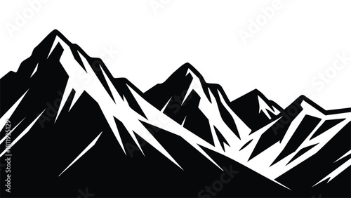 A striking black and white illustration of jagged mountain peaks