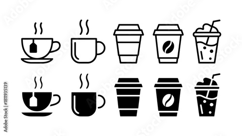 A collection of diverse hot and cold beverage vector icons, featuring outline and solid fill styles for teacups, mugs, and takeaway coffee cups.