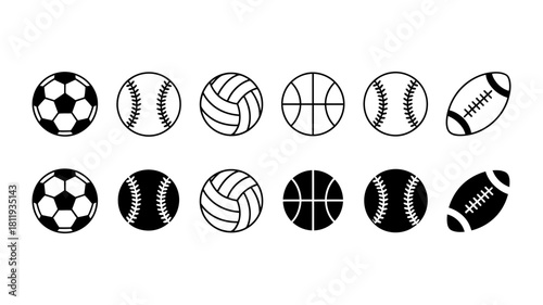 Outline and silhouette icon set of various sports balls: soccer, baseball, volleyball, basketball, american football. graphic for sports and game themes.