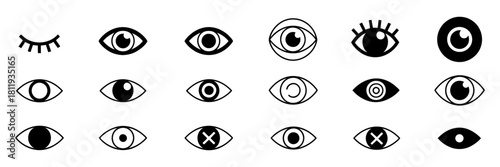 Collection of diverse eye icons representing vision, privacy, visibility, and security states. includes open, closed, visible, invisible, and crossed-out eyes.