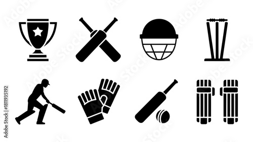 Set of cricket equipment icons, including trophy, bats, helmet, stumps, batsman, gloves, and pads, representing the sport.