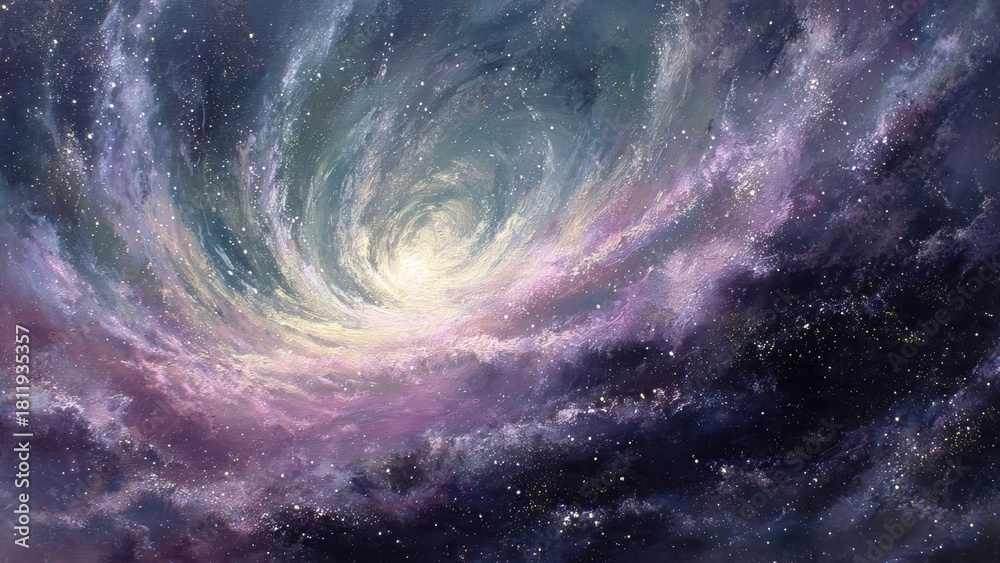 Fototapeta premium A swirling galaxy of vibrant colors, blending purples and whites, evoking a sense of cosmic wonder and the vastness of space.