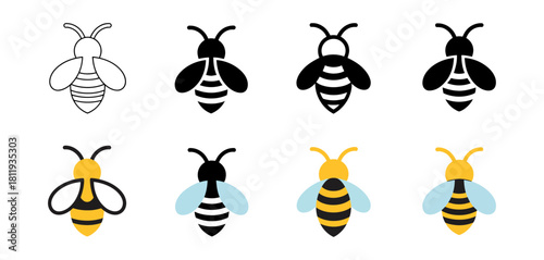 Set of diverse bee icons in various graphic styles, featuring outline, solid black, and colorful designs with striped bodies and transparent or blue wings.