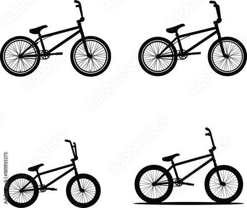 Set of BMX Bicycle Silhouette Vector Illustration: Black Graphic Design for Extreme Sports, Bike Freestyle Stunts, and Youth Culture Concepts