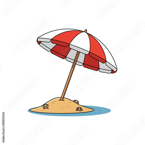 A red and white striped beach umbrella stuck in a mound of sand with seashells.