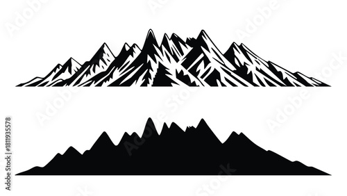Black and white illustration of jagged mountain ranges and peaks