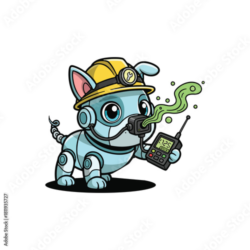 A cartoon robotic dog wearing a yellow miners helmet and respirator holding a detection device.