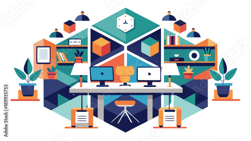 Modern home office workspace with geometric design elements