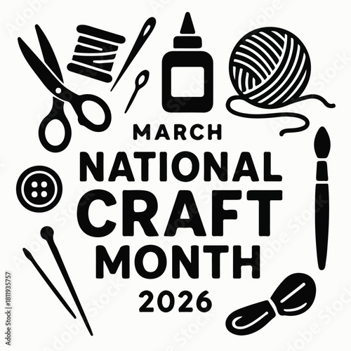 National Craft Month 2026 Poster with Black and White Crafting Tools Illustration