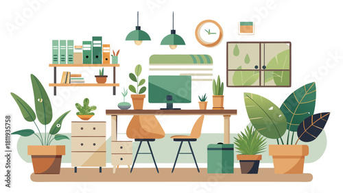 Cozy home office with plants and natural light