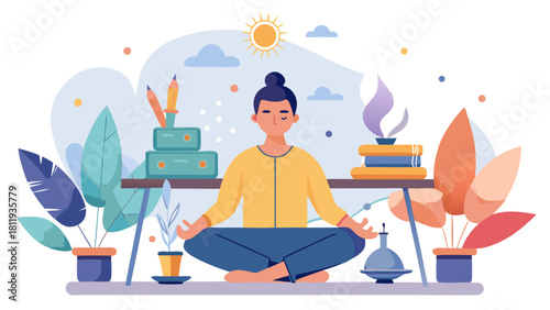 Person meditating peacefully amidst plants and study items