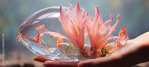 A cocoon , a small creature made of glass that is sitting in the palm of your hand ,generative AI
