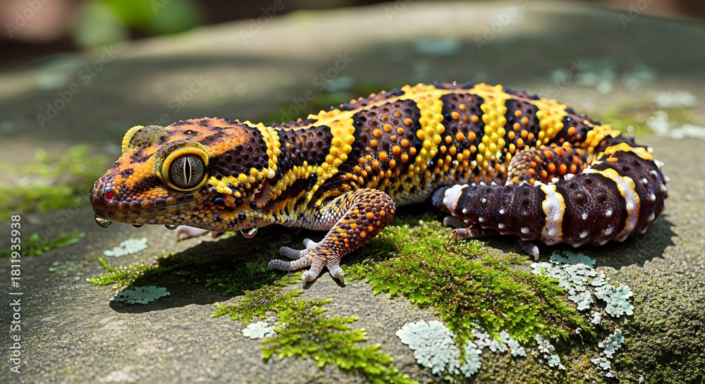 Naklejka premium Vibrant banded gecko with intricate patterns rests on mossy rock.