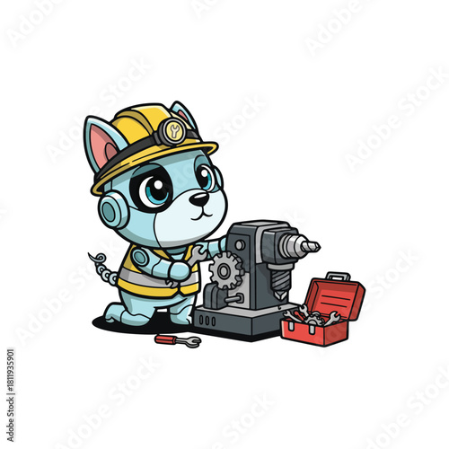 A cute cartoon robot cat mechanic wearing a hard hat and safety vest while fixing machinery.