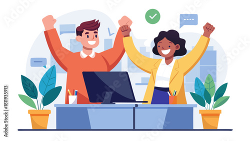 Diverse team celebrates success with raised fists and smiles