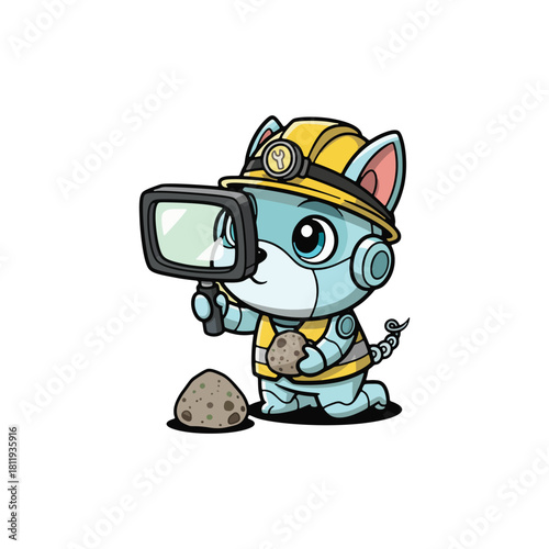 Cute cartoon robot cat miner character exploring a rock with a magnifying glass.