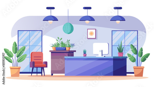 Modern office reception area with plants and disco ball