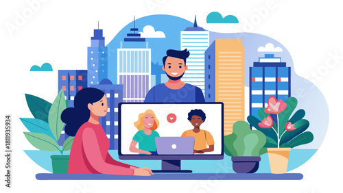 Woman video calling friends with city skyline background