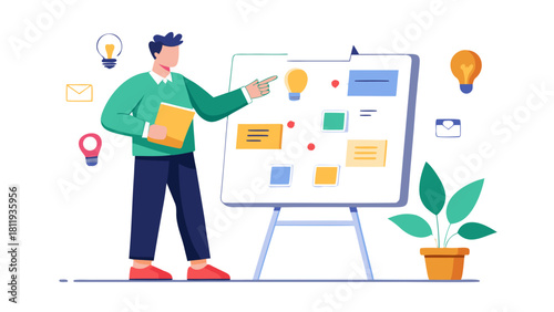 Man presenting ideas on a whiteboard with lightbulbs and notes