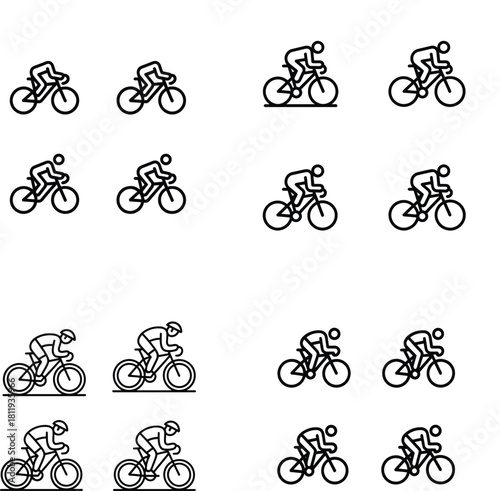 Large Set of Road Cycling Rider Outline Icons: Minimalist Line Art Vector Design for Sports, Fitness, Bike Sharing App, and Athletic Activity UI